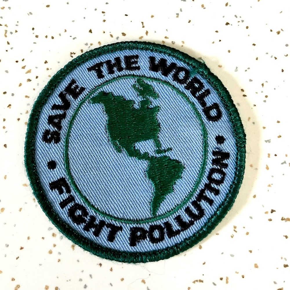Vintage 60’s save the world fight pollution embroidered patch blue & white